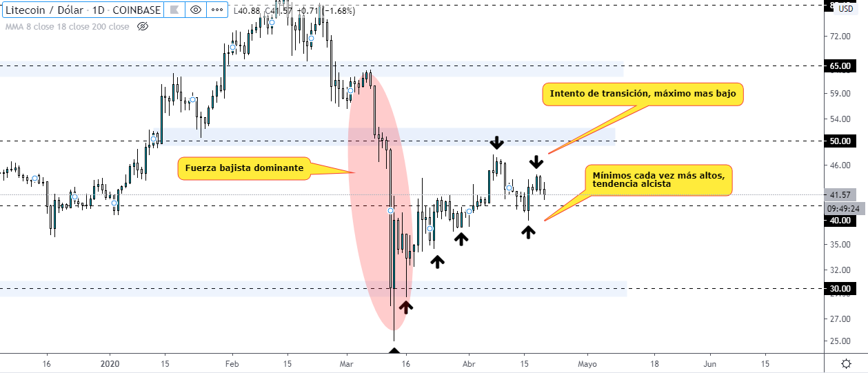 Analyse technique du graphique de l'USD LTC dans la temporalité quotidienne. Source TradingView