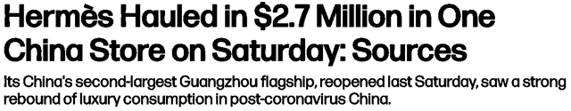 Hermès a reçu 2,7 millions de dollars dans un magasin chinois à Guangzhou après l'épidémie de coronavirus