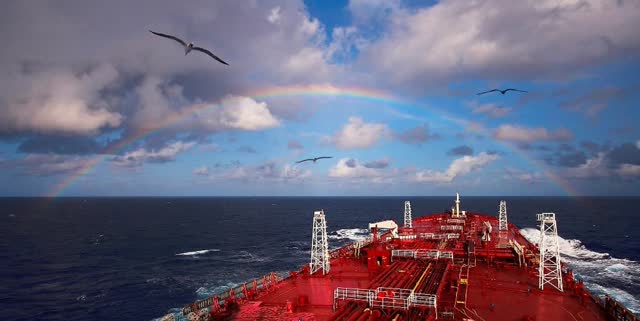 Navire-citerne nord-américain sous un arc-en-ciel.
