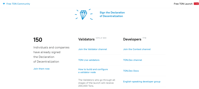 Voici à quoi ressemble le site web de Free TON, qui a lancé TON OS basé sur Telegram Open Blockchain. Il montre que 150 personnes et entreprises ont signé la Déclaration ouverte de décentralisation (DOD). Source : Communauté TON gratuite.