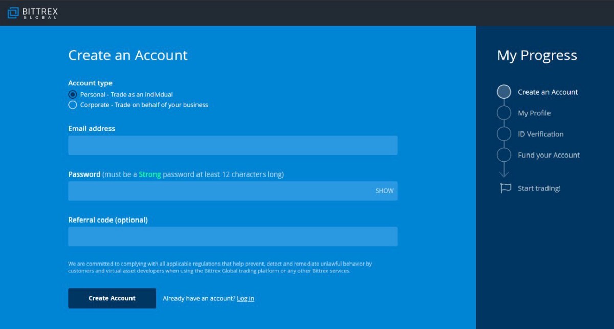Étapes à suivre pour ouvrir un compte chez Bittrex Global.