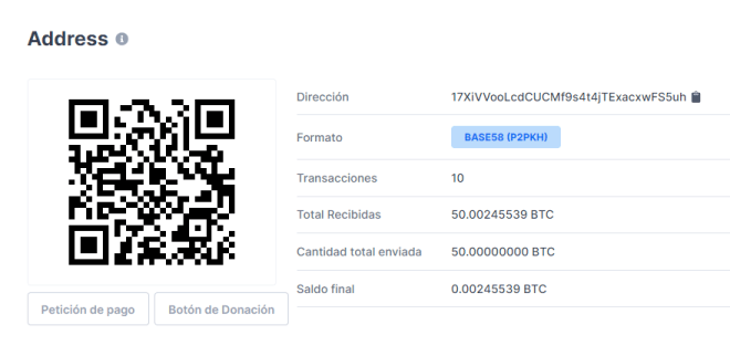 Informations sur les transactions suggérant l'apparition de Satoshi Nakamoto, où 50 Bitcoin ont été déplacés par le biais de 10 transactions. Source : Blockchain.com