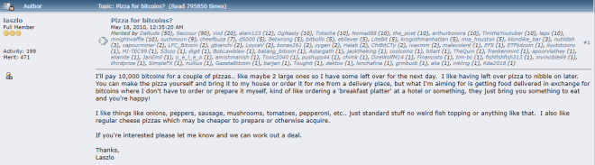 La journée de la pizza Bitcoin est née avec ce premier achat chez BTC. Source : BitcoinTalk