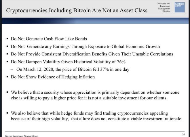 Goldman Sachs déçoit les fans de Bitcoin avec sa présentation. Source : Fortune