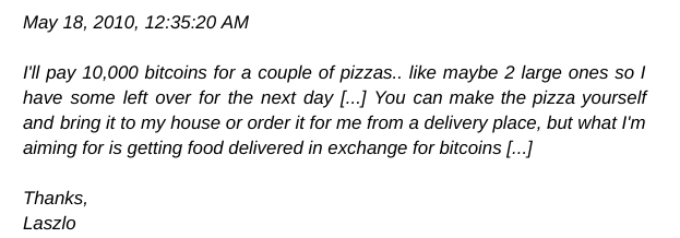 La transaction de la publication de Lazlo, indiquant le jour où nous commémorons la journée de la pizza Bitcoin. Source : SimpleFX