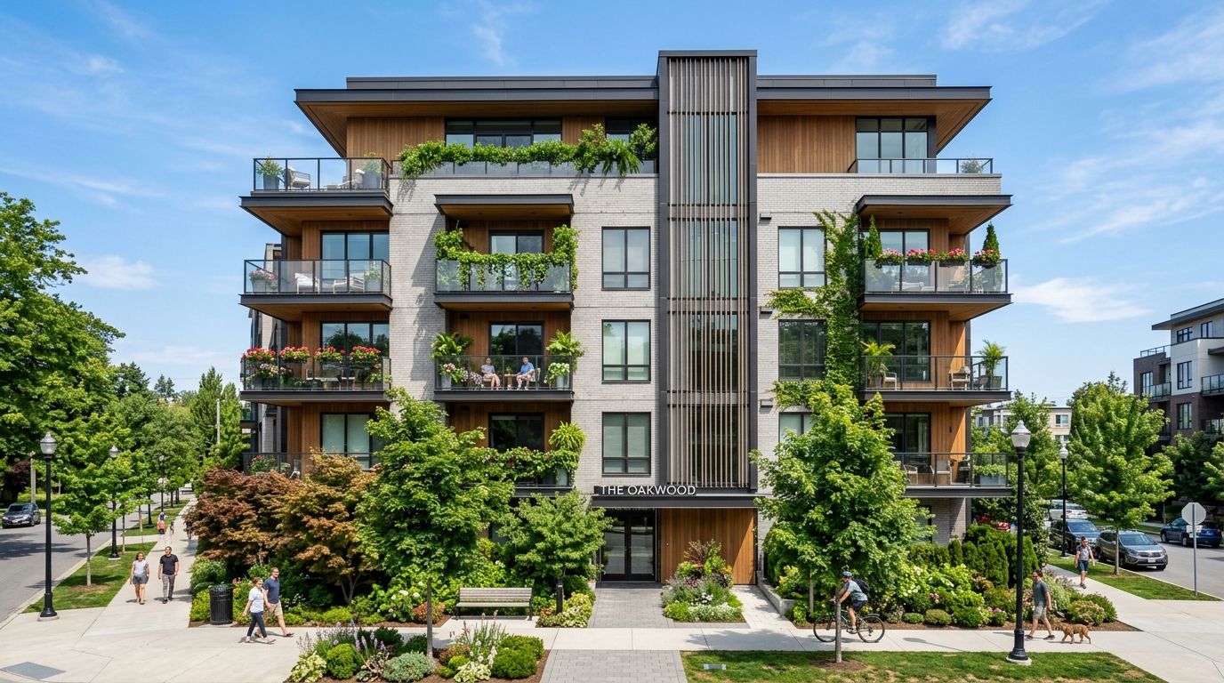 Immeuble résidentiel moderne avec balcons végétalisés, type de logement détenu en nue-propriété par la SCI ViaGénérations