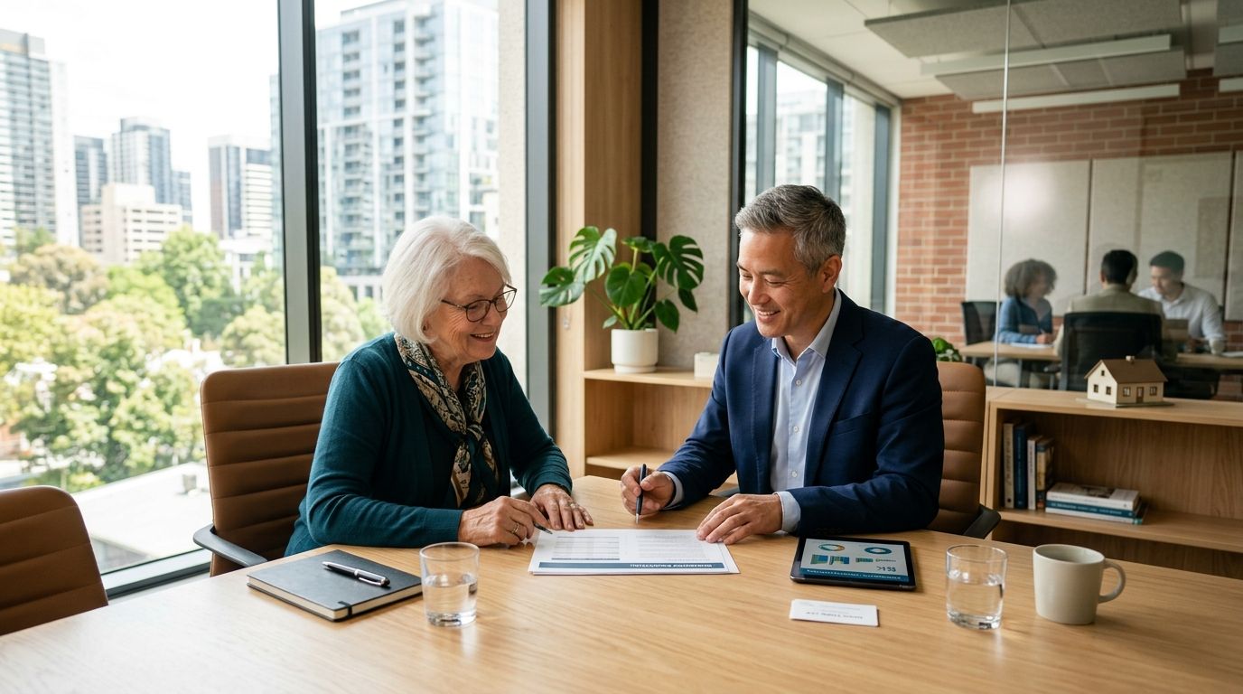 Senior signant la vente en nue-propriété de son logement avec un conseiller en gestion de patrimoine